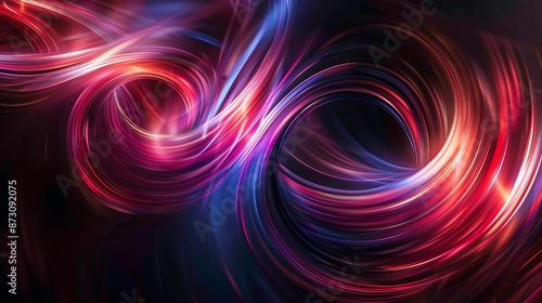 An abstract composition of swirling neon lights in shades of fiery crimson and deep sapphire, creating a mesmerizing display against a backdrop of pure blackness.