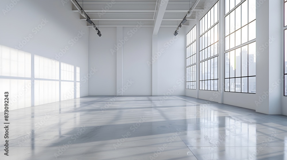 A bright, white empty room with large windows and a polished concrete floor. Sunlight streams through the window, casting soft shadows on one side of the wall. A bright, white empty room with large windows and a polished concrete floor. Sunlight streams through the window, casting soft shadows on one side of the wall.