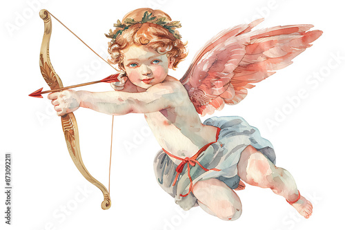 watercolor painting realistic vintage romantic of a cherub or cupid with bow and arrow isolated on white background. photo