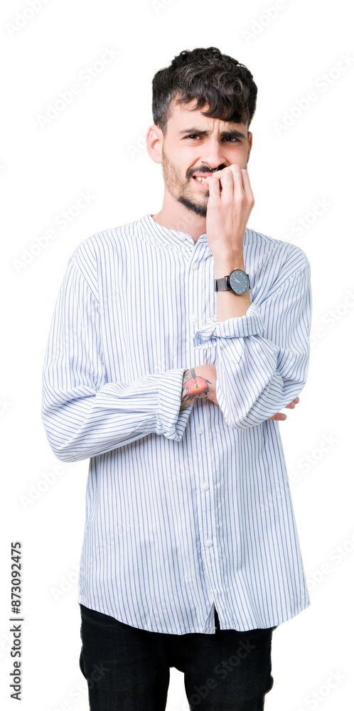 Young handsome business man over isolated background looking stressed and nervous with hands on mouth biting nails. Anxiety problem. Young handsome business man over isolated background looking stressed and nervous with hands on mouth biting nails. Anxiety problem.