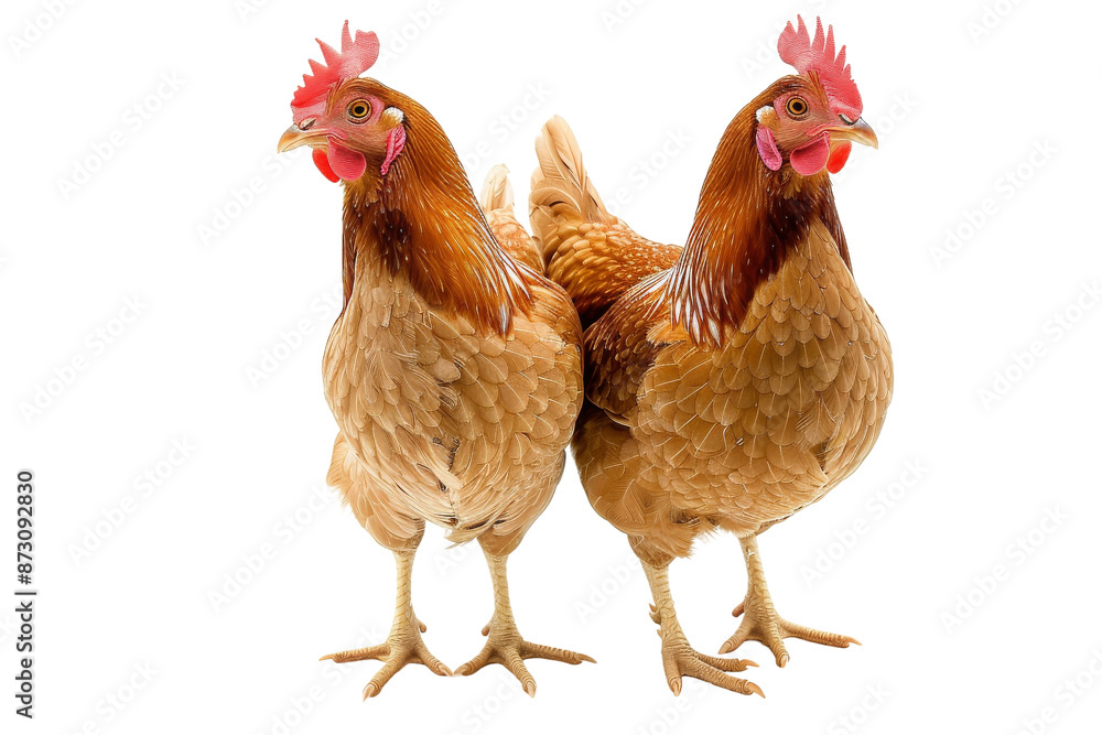 Two chickens standing next to each other with their heads turned to the side Two chickens standing next to each other with their heads turned to the side