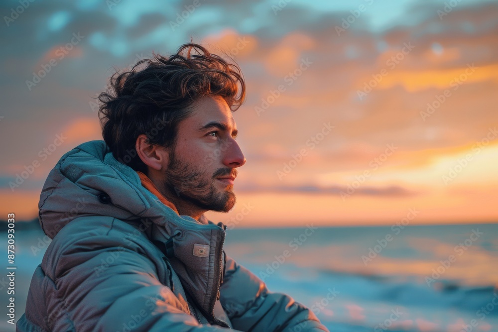 A man, dressed in a warm grey jacket, gazes into the distance as the sun sets over a serene beach, embodying peaceful reflection and end-of-day tranquility. A man, dressed in a warm grey jacket, gazes into the distance as the sun sets over a serene beach, embodying peaceful reflection and end-of-day tranquility.
