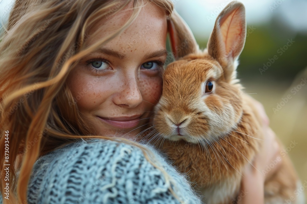 Obraz premium A joyful woman with freckles and blond hair lovingly holding a fluffy brown rabbit, both posing in natural daylight, showcasing a close human-animal bond.