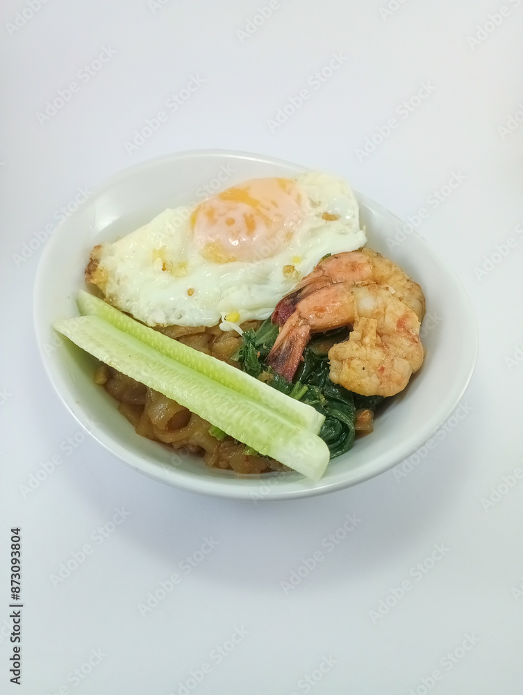 Kwe Tiau with Assorted Toppings: Stir-Fried Rice Noodles Loaded with Fresh Veggies, Eggs, and Succulent Shrimps, Expertly Presented on a Clean White Background, Perfect for Exploring Southeast Asia Kwe Tiau with Assorted Toppings: Stir-Fried Rice Noodles Loaded with Fresh Veggies, Eggs, and Succulent Shrimps, Expertly Presented on a Clean White Background, Perfect for Exploring Southeast Asia