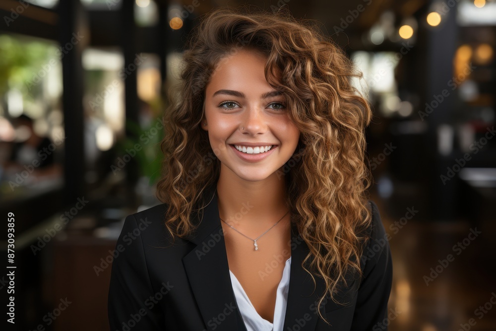 Portrait of a smiling young woman with curly hair wearing a business suit, inside a modern office setting. Portrait of a smiling young woman with curly hair wearing a business suit, inside a modern office setting.