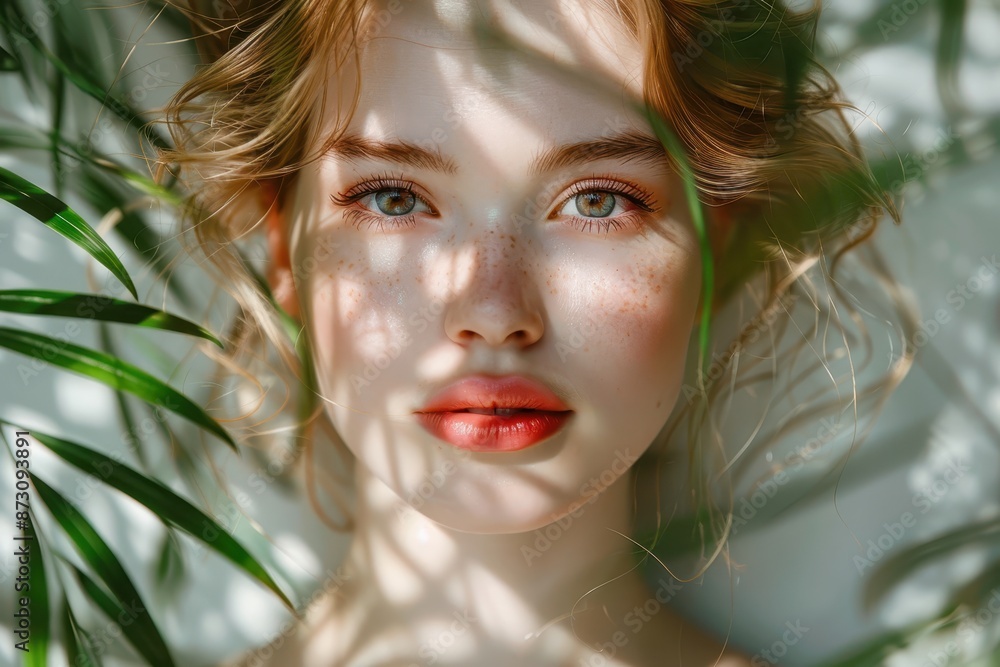 Portrait of a woman with sunlight and leaf shadows on her face. Natural beauty and soft lighting creating an enchanting forest-like atmosphere. Portrait of a woman with sunlight and leaf shadows on her face. Natural beauty and soft lighting creating an enchanting forest-like atmosphere.