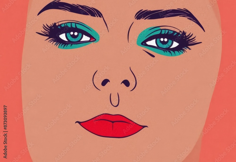 The image features a close-up of a face, rendered in a cartoon style The person has striking blue eyes that stand out against the light pink background The image features a close-up of a face, rendered in a cartoon style The person has striking blue eyes that stand out against the light pink background