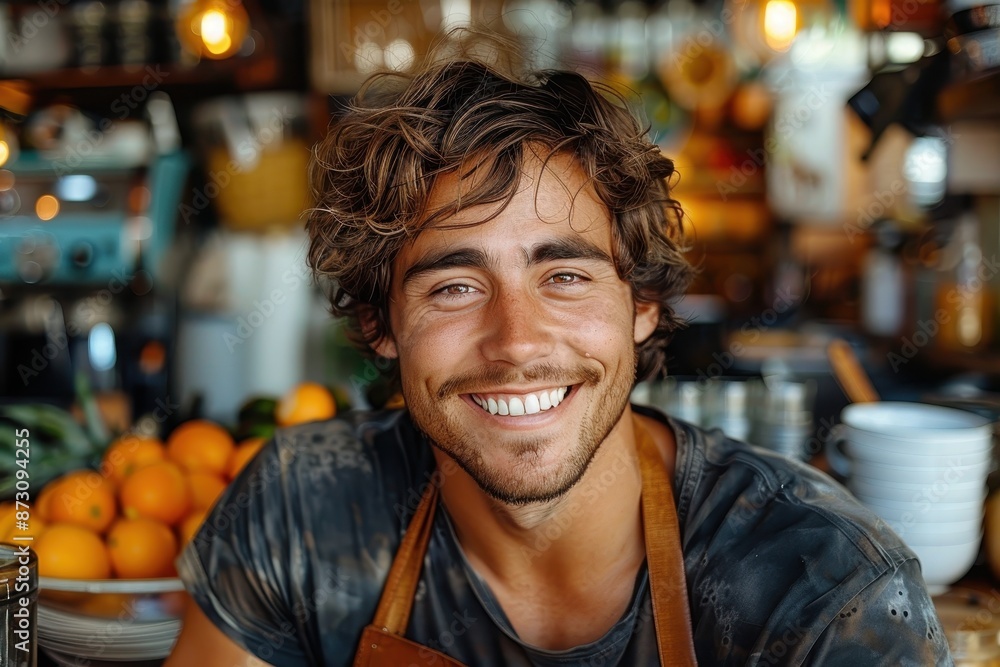 Obraz premium A smiling man with curly hair stands behind a bar counter in a cafe. He is wearing a brown apron. Oranges are on the counter.