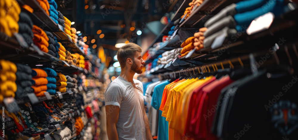 Fototapeta premium Contemplating the Perfect Purchase in a Maze of Colorful Options
