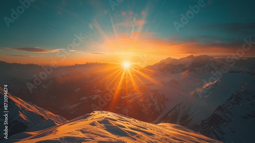 Sunrise Over SnowCapped Mountains, The sun illuminating snowcapped mountains, symbolizing overcoming challenges in business growth photo