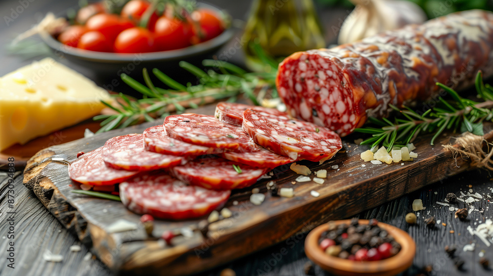 Slices of cured salami arranged on a rustic wooden board, adorned with sprigs of rosemary and scattered with parmesan cheese Slices of cured salami arranged on a rustic wooden board, adorned with sprigs of rosemary and scattered with parmesan cheese