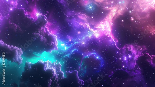 A nebular galaxy in rich shades of deep purple, indigo, and turquoise, with bright stars and glowing clouds forming a mesmerizing universe wallpaper.