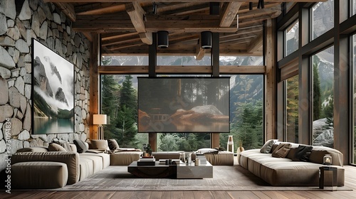 A mockup of an LED projector screen on the wall in a modern living room with stone walls and wooden beams, featuring two sofas and coffee tables.