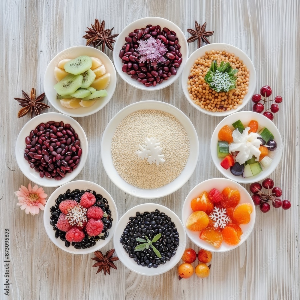 A white plate with a variety of fruits and vegetables arranged in a circle A white plate with a variety of fruits and vegetables arranged in a circle