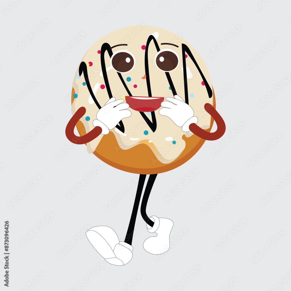 Fototapeta premium Donut mascot, vintage cartoon styled retro vector illustration, cute doughnut cartoon character design for t shirt design,poster,sticker and etc