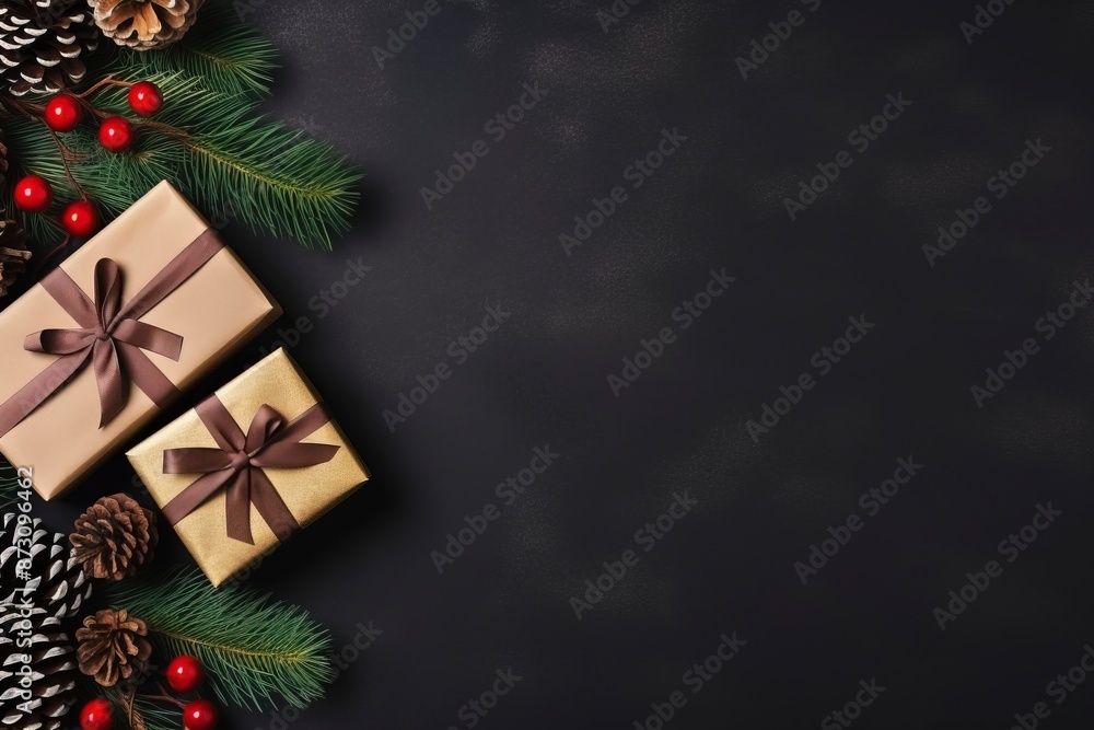 Christmas composition with fir tree branches pine cones gift boxes tag and ribbons Flat lay with blank copy space with generative ai Christmas composition with fir tree branches pine cones gift boxes tag and ribbons Flat lay with blank copy space with generative ai