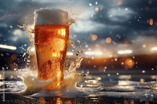 Dynamic image of a beer glass splashing on a surface with a stadium background, perfect for advertisements and beverage promotions.