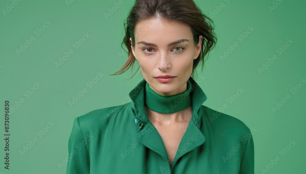 Beautiful skinny model French style woman with beauty skin in fashionable modern clothes on green background. Generative AI Beautiful skinny model French style woman with beauty skin in fashionable modern clothes on green background. Generative AI