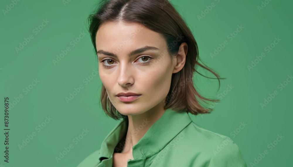 Beautiful skinny model French style woman with beauty skin in fashionable modern clothes on green background. Generative AI Beautiful skinny model French style woman with beauty skin in fashionable modern clothes on green background. Generative AI