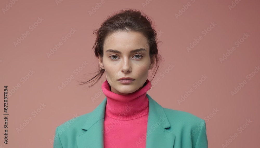 Beautiful skinny model French style woman with beauty skin in fashionable modern clothes on powdery pink background. Generative AI Beautiful skinny model French style woman with beauty skin in fashionable modern clothes on powdery pink background. Generative AI