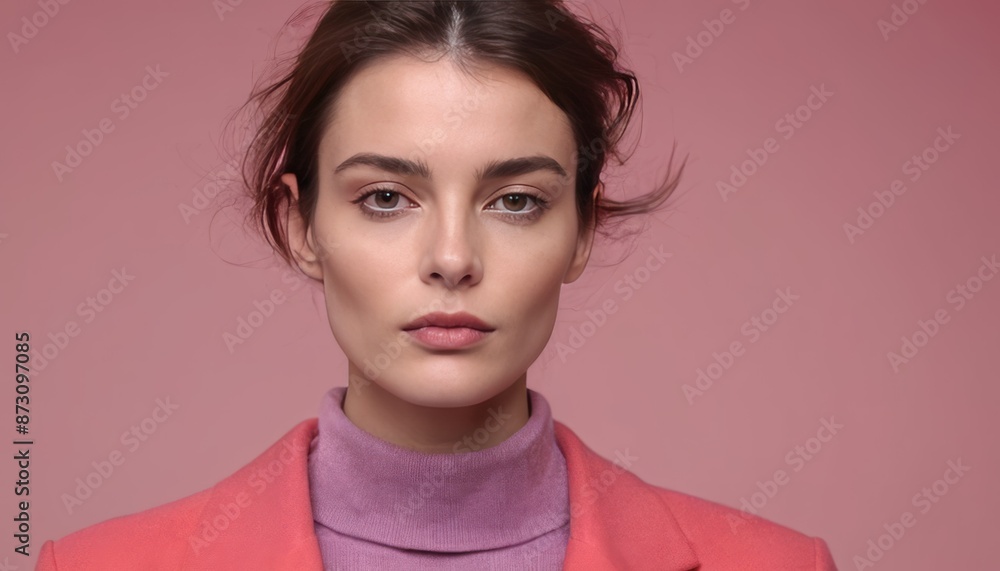 Fototapeta premium Beautiful skinny model French style woman with beauty skin in fashionable modern clothes on powdery pink background. Generative AI