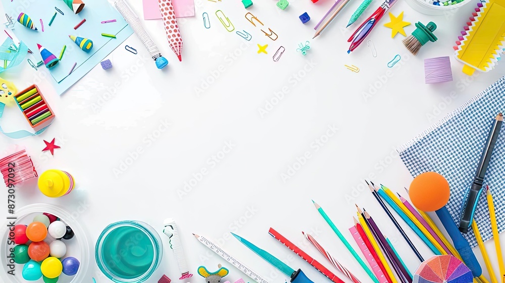 Top view of a white workspace with an assortment of colorful stationery and art supplies, perfect for creativity and school projects. Top view of a white workspace with an assortment of colorful stationery and art supplies, perfect for creativity and school projects.