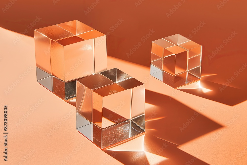 Fototapeta premium Artistic composition of transparent glass cubes arranged on a vibrant orange background, perfect for modern art and abstract design projects.