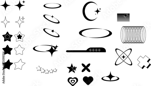 Set of Y2K bling retro elements and abstract brutalism shapes isolated on white background