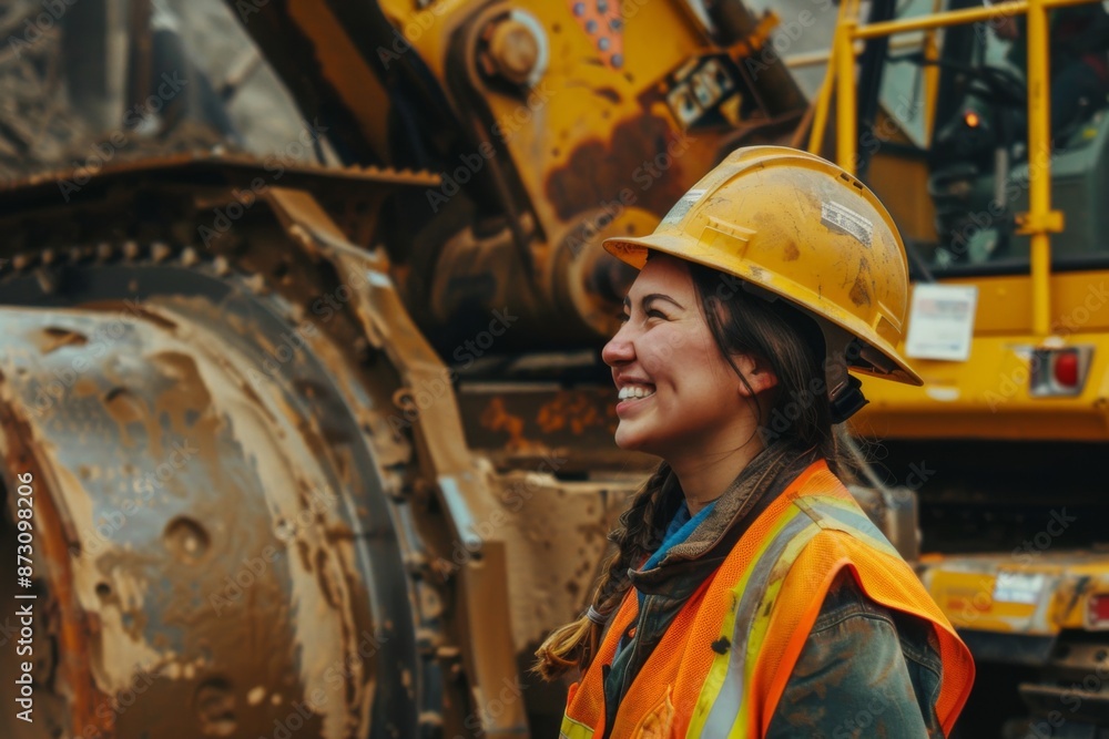 Portrait of a female construction worker on site next to machinery Portrait of a female construction worker on site next to machinery