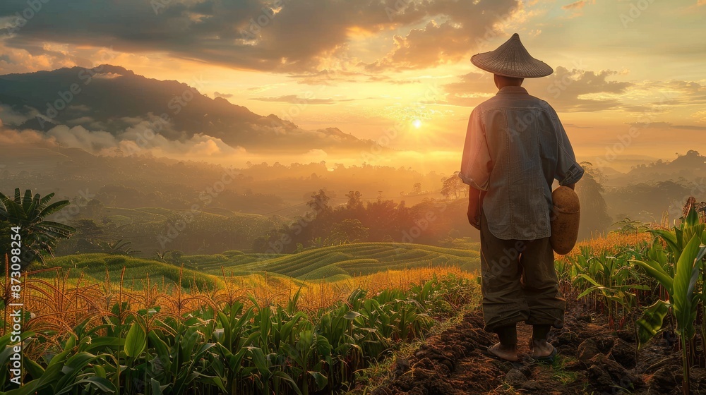 Fototapeta premium Farmer Overlooking Rice Terraces at Sunrise in Southeast Asia. Generative ai