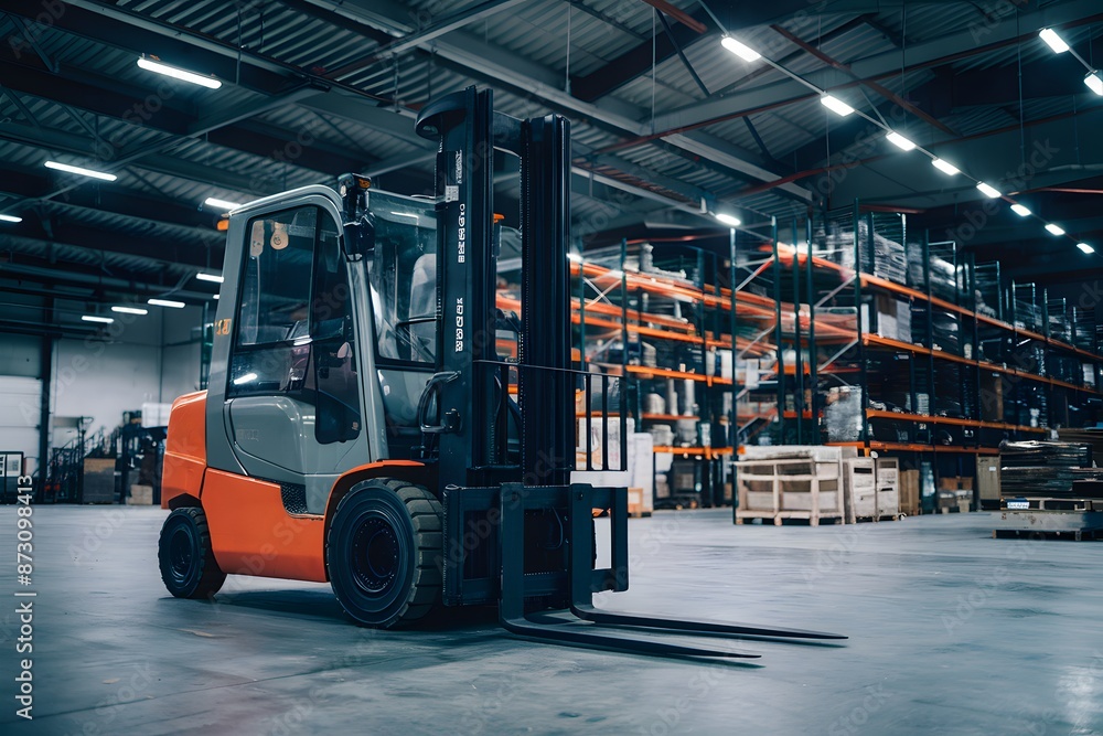 Vast warehouse with orange forklift, dim lighting, shelves Vast warehouse with orange forklift, dim lighting, shelves