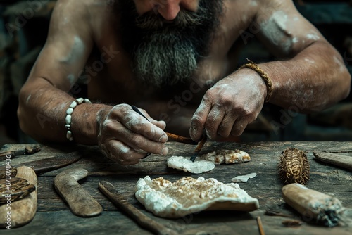 a man working with a stone tool in a cave