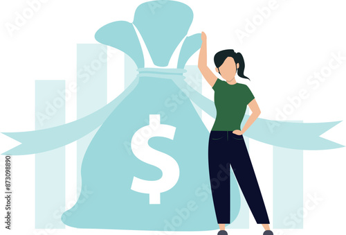 A girl is standing next to a bag of money.