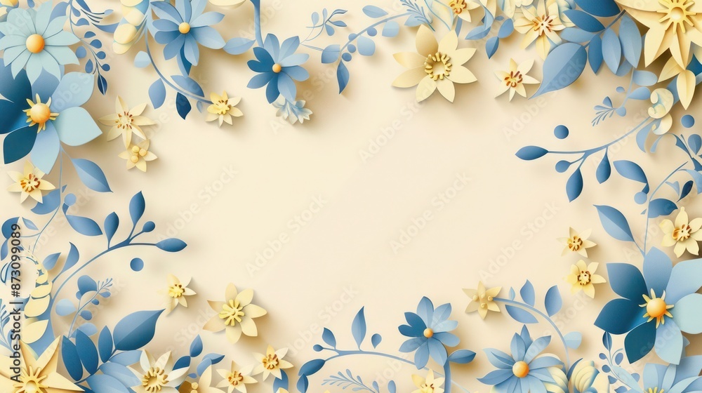 A paper cut design featuring delicate blue and yellow flowers and leaves arranged in an intricate pattern, creating an elegant frame on a soft cream background. A paper cut design featuring delicate blue and yellow flowers and leaves arranged in an intricate pattern, creating an elegant frame on a soft cream background.