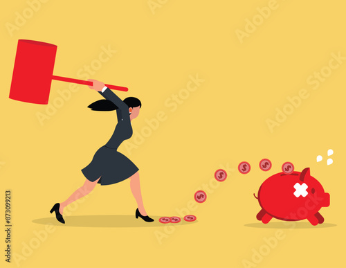 Struggle for business. Business woman chasing piggy bank