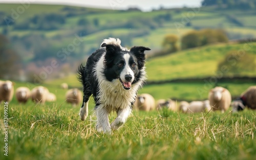 Border collie actively herding sheep in a green field, showcasing its natural herding abilities on a sunny day. © Darya