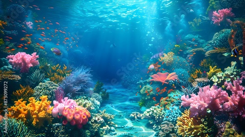Wallpaper Mural A vibrant coral reef teeming with colorful fish, coral and sea plants. The water is a deep blue with gentle ripples, creating an underwater scene. Torontodigital.ca