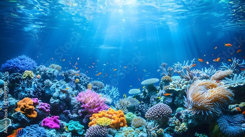 A vibrant coral reef teeming with colorful fish, coral and sea plants. The water is a deep blue with gentle ripples, creating an underwater scene. © horizon