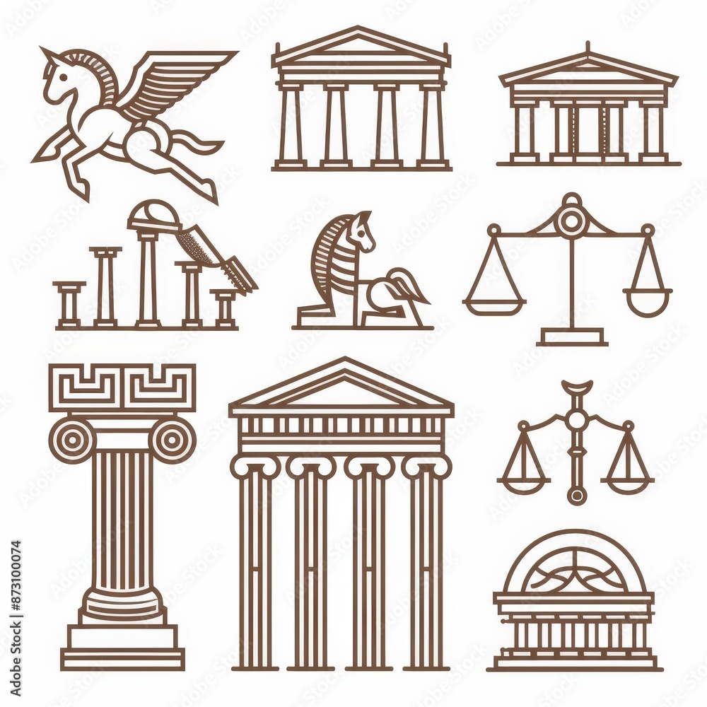 Obraz premium Welcome to Greece concept design with winged horse pegasus, amphora, doric columns, sparta runners, scales, and the ancient orthodox cathedral depicted.