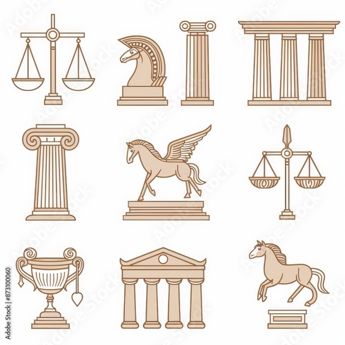 The welcome to Greece concept design includes a sparta runner, doric column, winged horse pegasus, amphora, and scales atop an orthodox cathedral decorated with ancient greek mythology, art, and