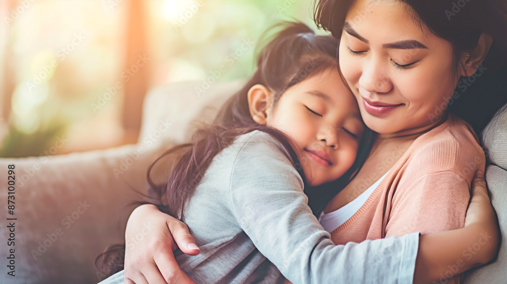Tender Asian mother-child moment on comfortable living room couch. Loving mom hugging her little girl indoors. Tender Asian mother-child moment on comfortable living room couch. Loving mom hugging her little girl indoors.