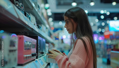 Thoughtful young woman shopping for a vintage radio at a local thrift store