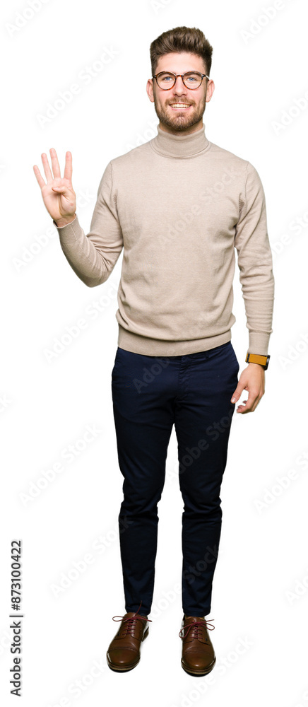 Young handsome business man wearing glasses showing and pointing up with fingers number four while smiling confident and happy. Young handsome business man wearing glasses showing and pointing up with fingers number four while smiling confident and happy.