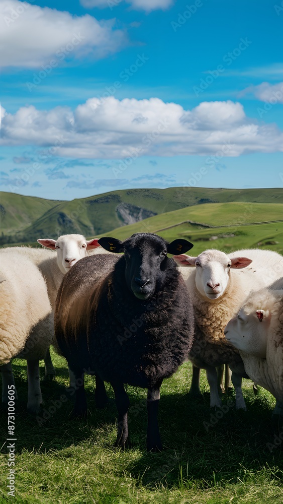 Fototapeta premium Black sheep among white sheep in lush green meadow under blue sky Vertical Mobile Wallpaper