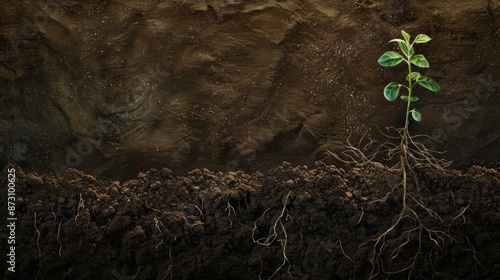 A detailed underground view of dark brown soil featuring a dense network of deep roots and a healthy plant sprout in full bloom above ground, illustrating the intricate balance of plant life photo