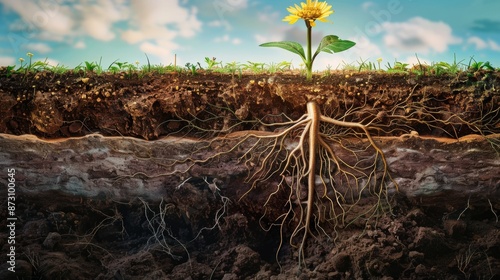 An intricate underground cross-section of dark brown soil, showing a dense network of roots supporting a vibrant plant sprout in full bloom above ground, emphasizing the unseen complexity of plant photo