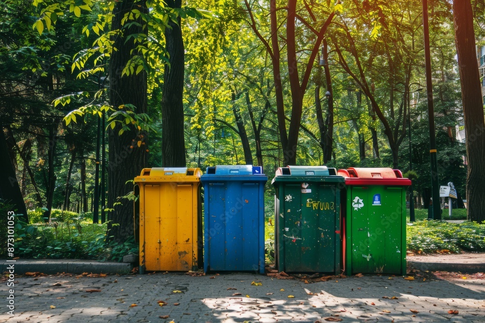 Recycling bins of different color in a city park Recycling bins of different color in a city park