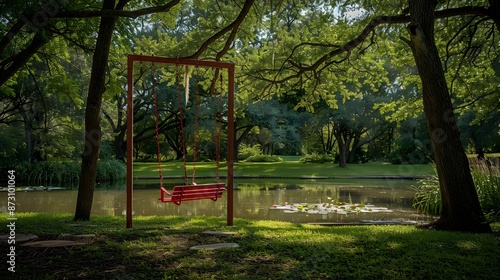 A vibrant red swing set amidst a lush, verdant park, surrounded by towering oak trees and a carpet of emerald grass. © horizon