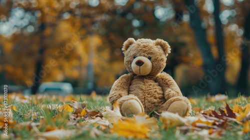 Teddy bear focus in park with room for text