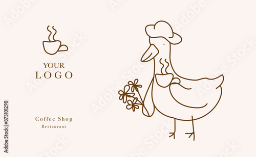 Web banner vector, coffee shop menu design. Restaurant menu design. Hand-drawn goose with cup of coffee vector illustration.